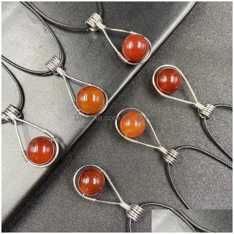 red agate round stone bead pendant lucky chakra drop crystal rope leather chain necklaces for women jewelry