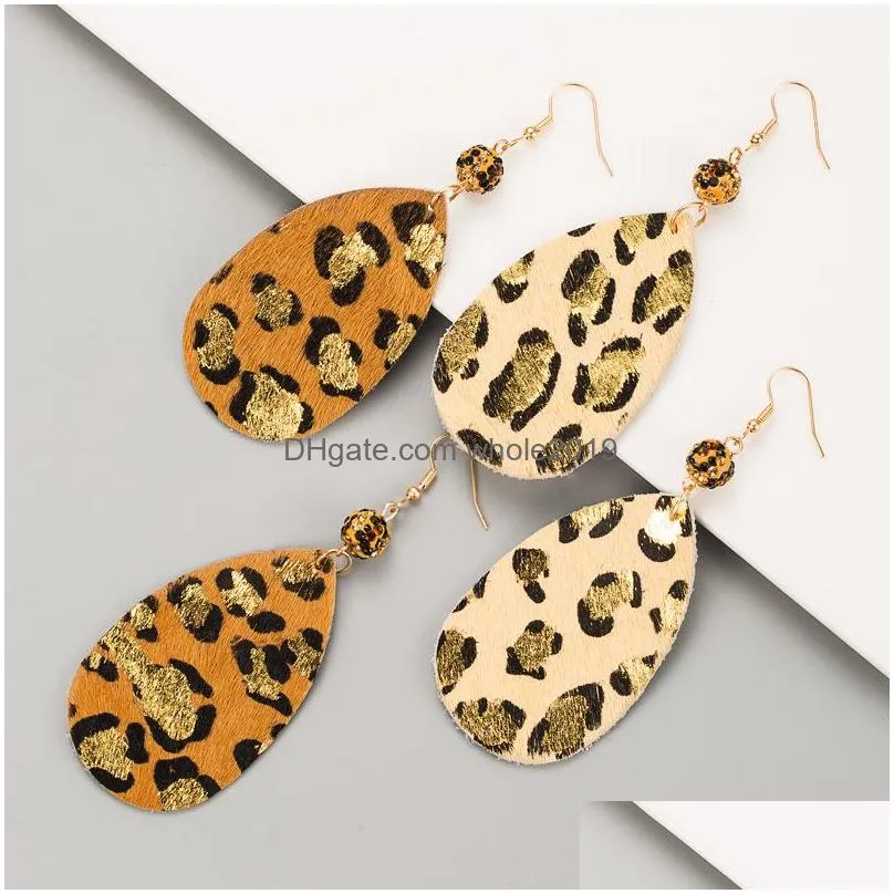 bohemian fashion jewelry womens dangle leather earrings rhinstone leopard horse hair waterdrop earring