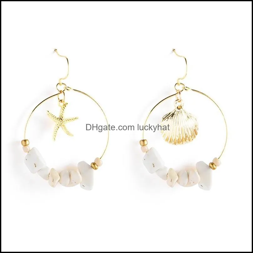 fashion starfhish dangle earrings gold alloy sea shell charm jewelry for women round circle with stone beads hoop earrings summer