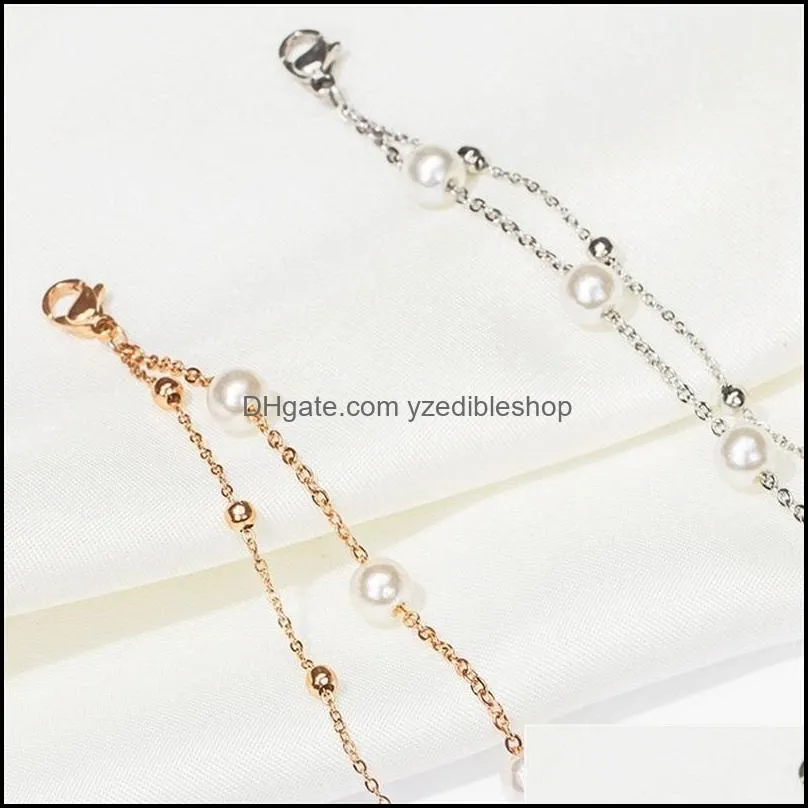double layer pearl bracelet simple and sweet rose gold plated titanium no fading link chain 3382 q2