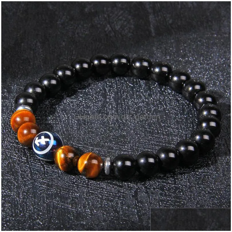 12 zodiac strand bracelet natural tiger eye stone couples lovers friendship charm bracelets men women buddha yoga jewelry elasticity