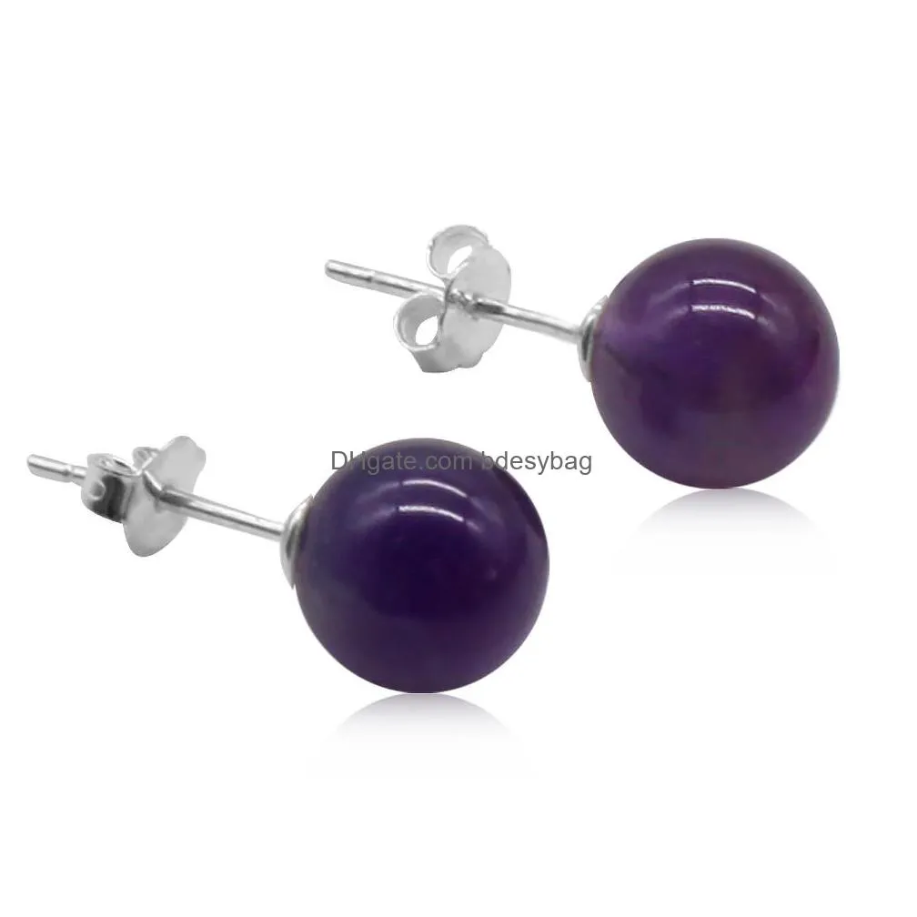 fashion jewelry 925 sterling silver stud earrings natural crystal healing stone 8mm beaded gemstone earring pair for women