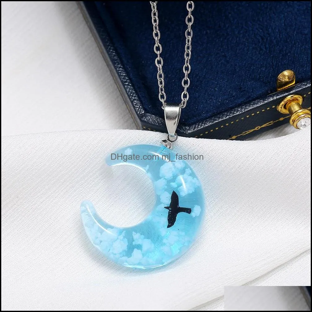 creative and exquisite with luminous bird  sky pendant necklace white cloud moon resin pendant blue sky cloud necklace jewelry