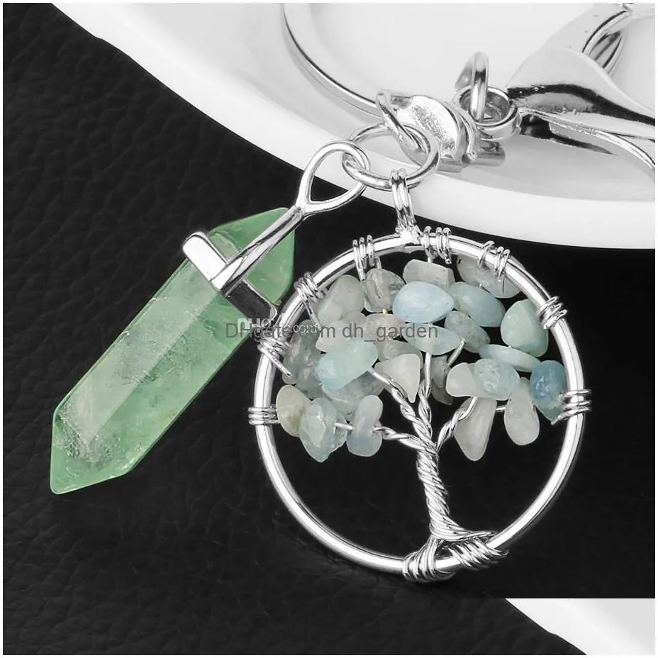 natural stone tree of life key rings green fluorite hexagonal prism keychains healing rose crystal car decor keyholder for women men