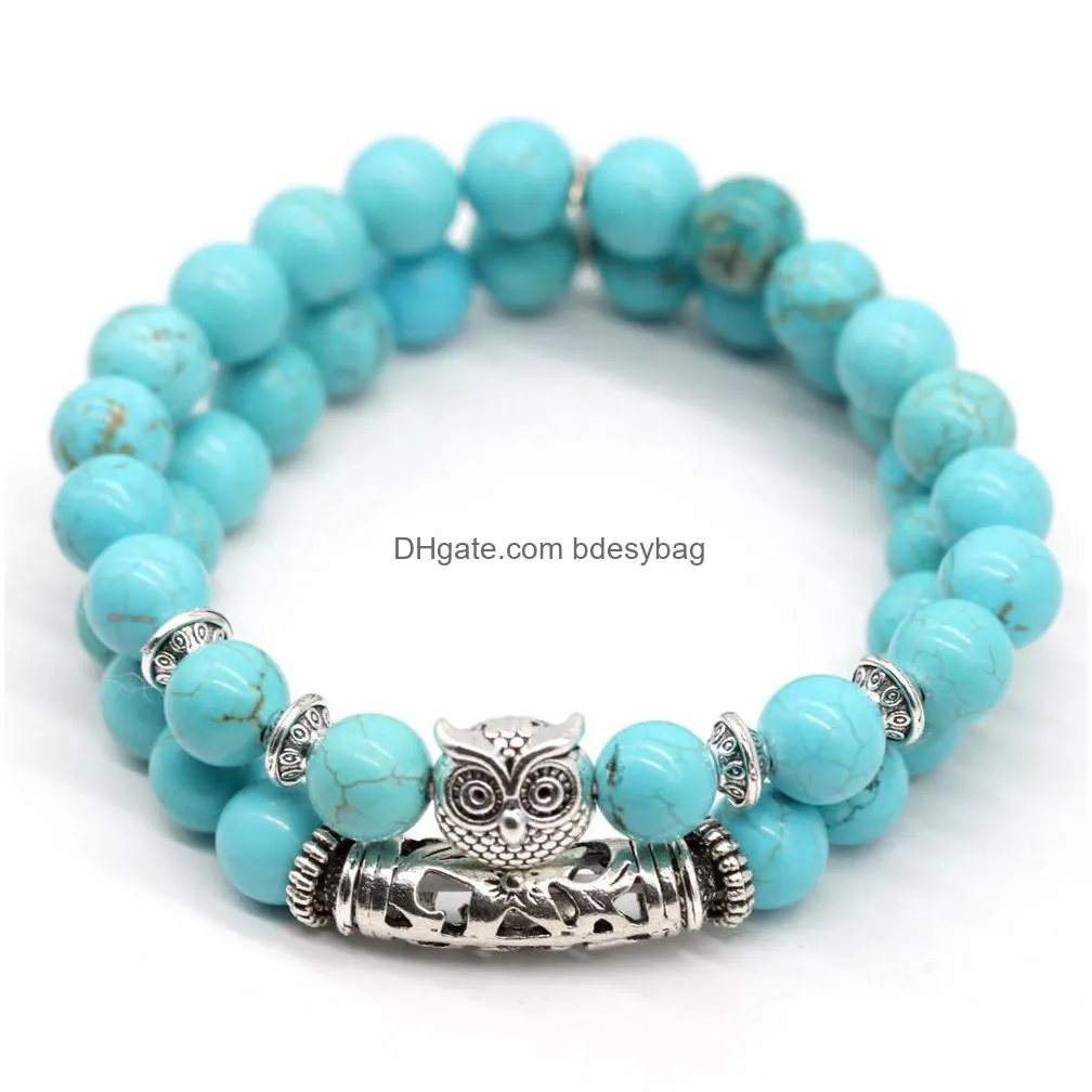 gemstone owl bracelets 2 layer natural stone crystal quartz turquoise beads bracelet charm bangles women jewelry gifts