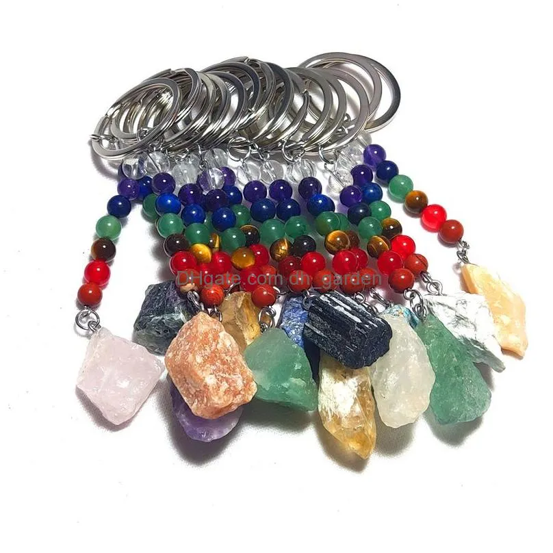 irregular raw ore stone key rings 7 colors chakra beads chains gem charms keychains healing crystal keyrings for women men