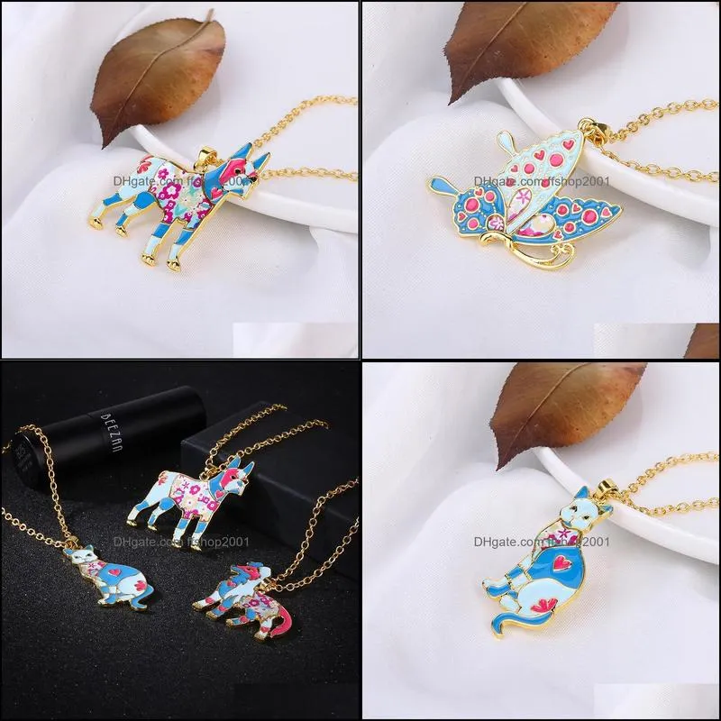 colorful butterfly necklace enamel dog cat animal pendants necklaces for women girl child jewelry gift long chain necklace