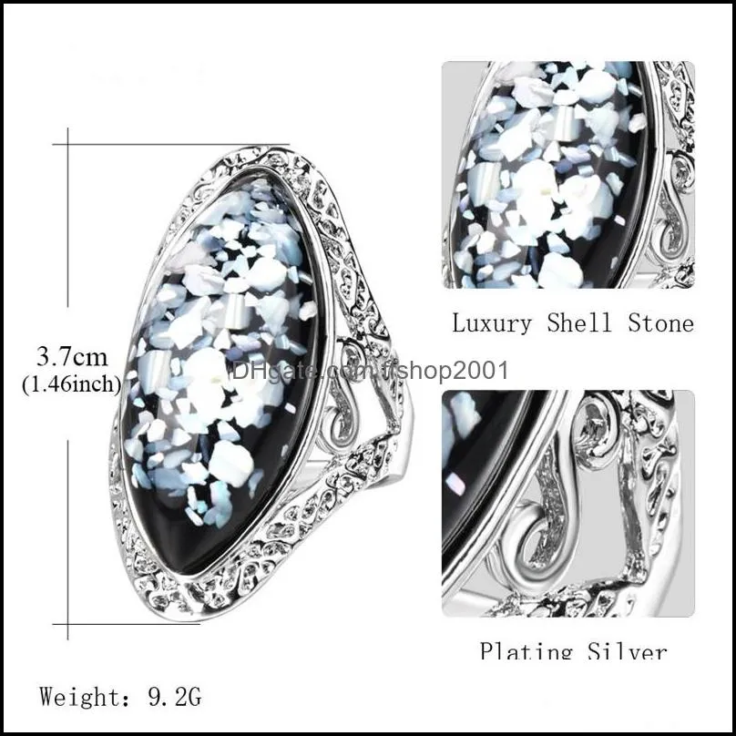 4 color vintage antique silver colorful big oval shell finger ring band ring for women female statement boho beach jewlery gift
