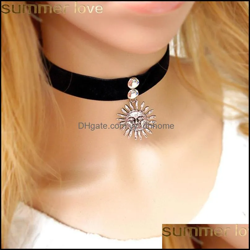 trendy vintage black velvet gothic choker necklace big sun charm pendant necklaces for elegant girl women