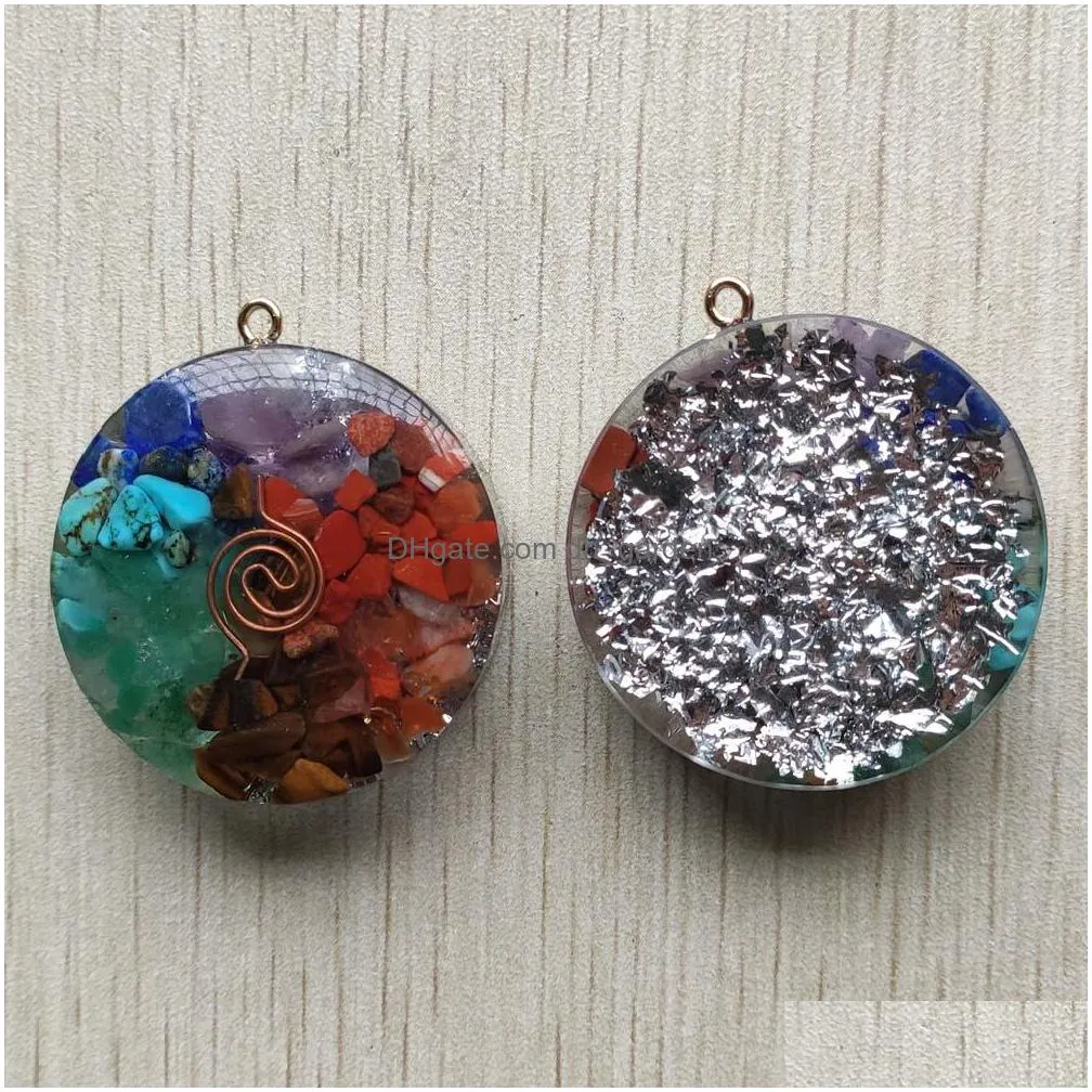 resin retro reiki healing chips stone charms natural 7 chakras orgone energy round pendants wholesale