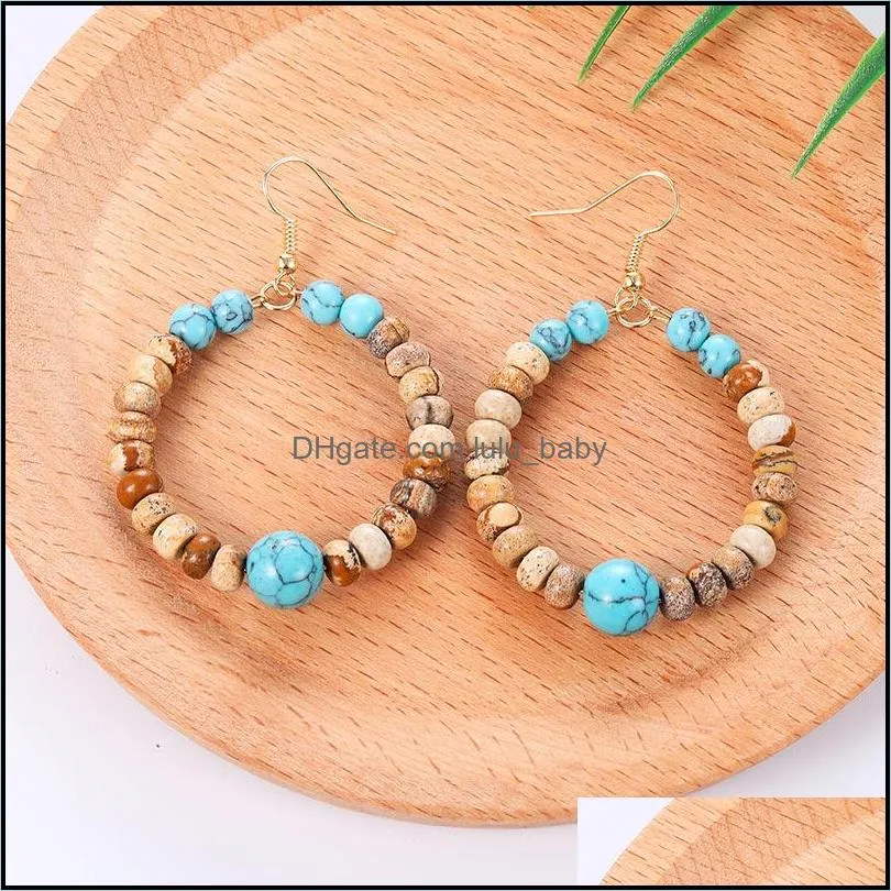natural stone beads round wrapped hoop earrings for women fashion gold color circle creole earring boho ear jewelry gifts