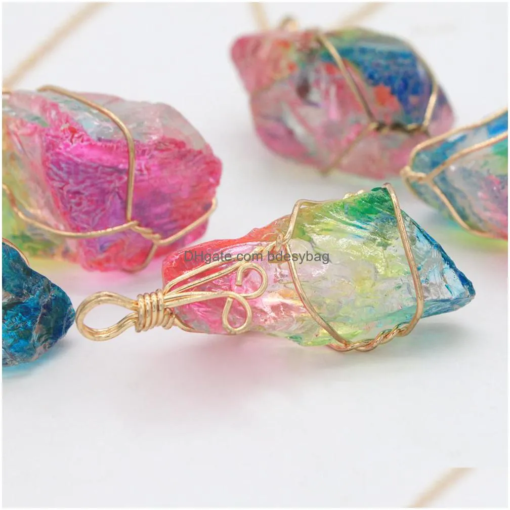 rainbow natural crystal stone pendant colored gemstone quartz pendants with gold plated wire necklace 18inch chain women jewelry gifts