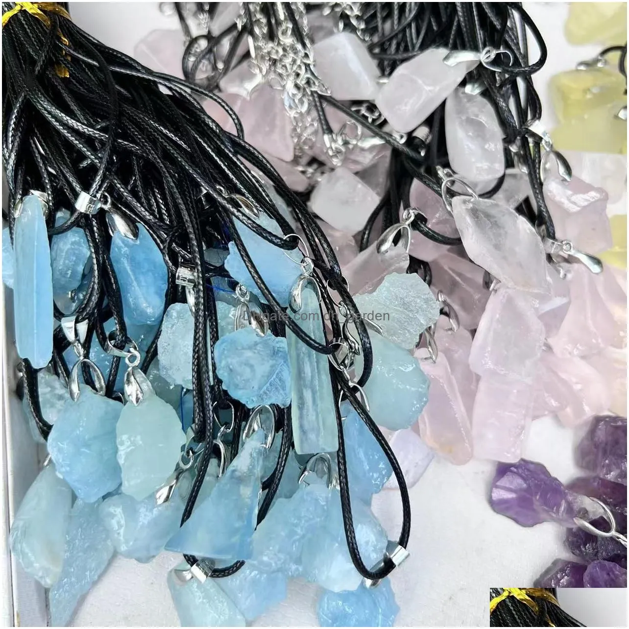 natural raw ore amethyst stone pendant lemon blue druzy charms leather rope necklace women trendy jewelry factory wholesale