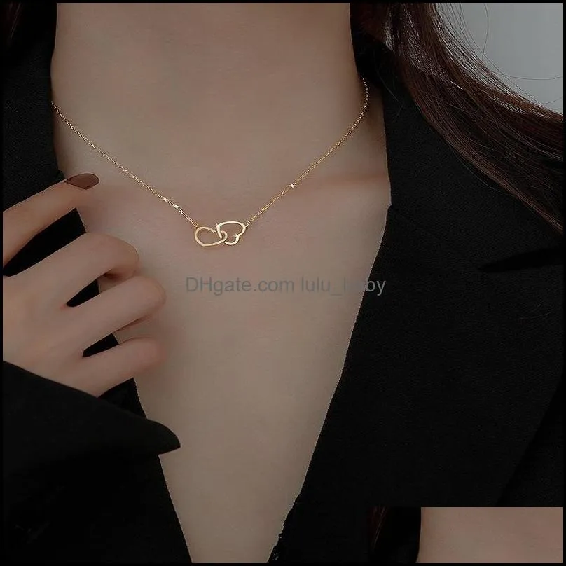 stainless steel double heart necklace love hearts shape buckle ring pendant clavicle chain fashion charm small gift