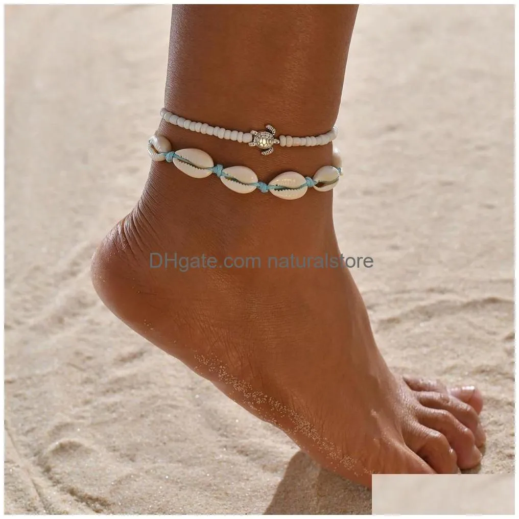 bohemian shell heart summer anklets set for women tortoise ankle bracelets girls barefoot on leg chain female jewelry gift