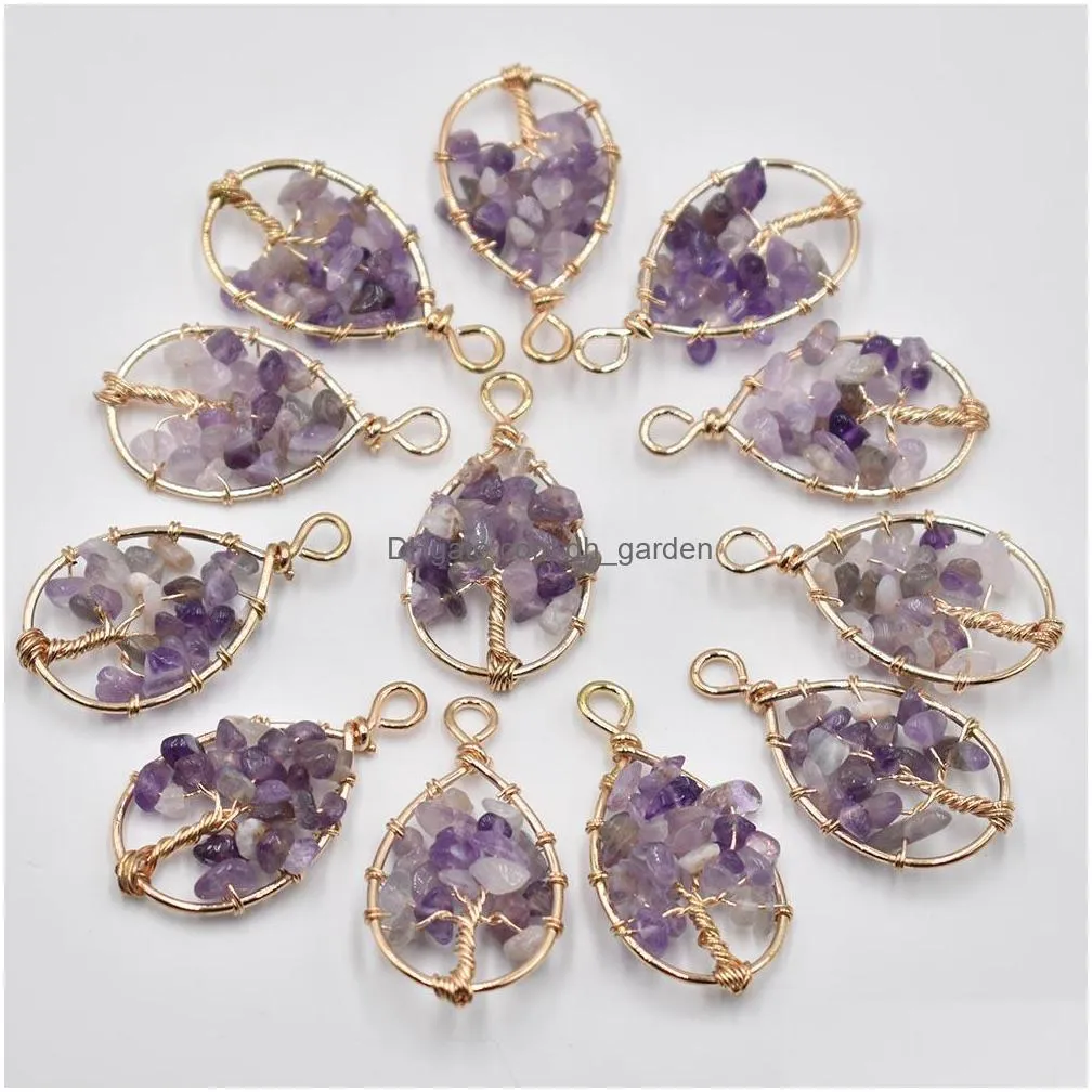 natural amethyst tree of life charms handmade wire wrapped pendants for jewelry necklace marking