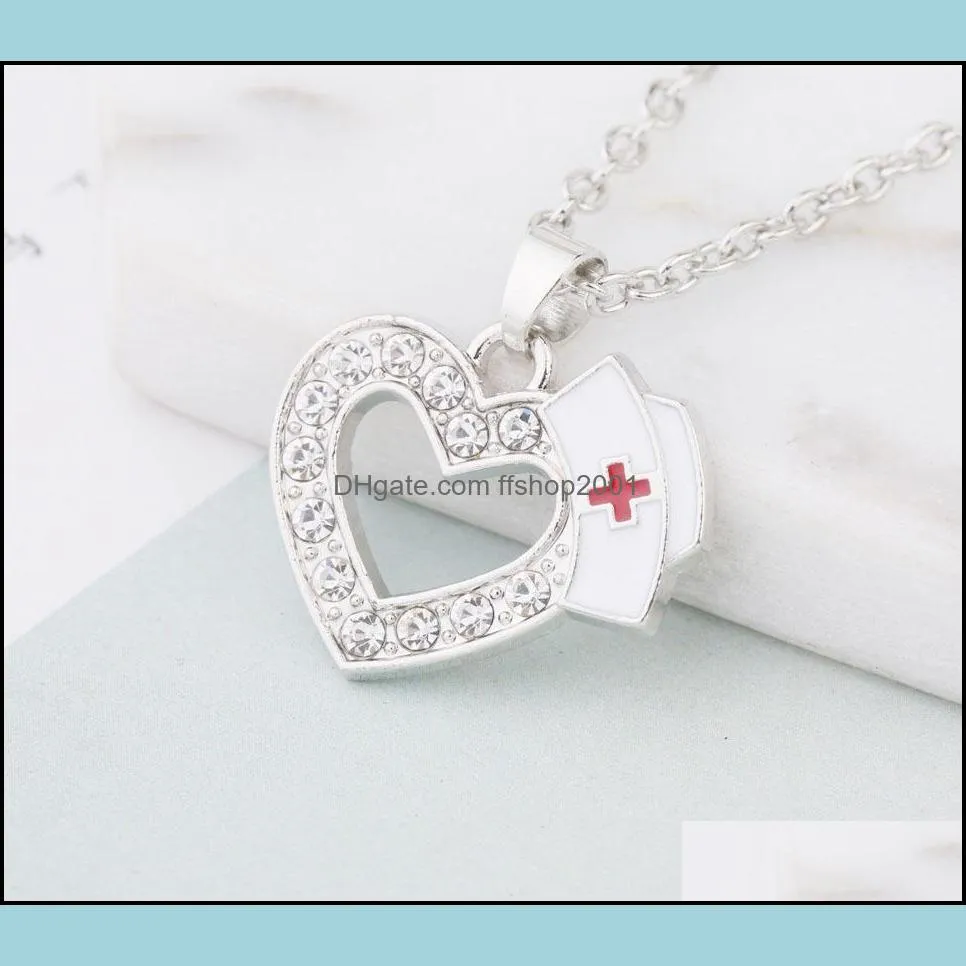  fashion medical jewelry nurse cap charms crystal love heart pendant necklaces white enamel red cross sign medicine school students