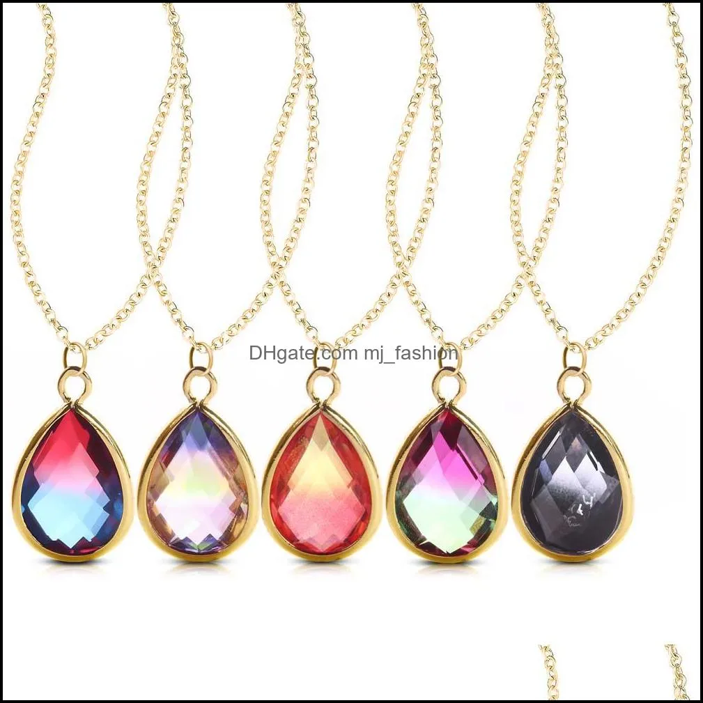 water drop crystal pendant necklace for women druzy quartz glass multicolor chain necklaces