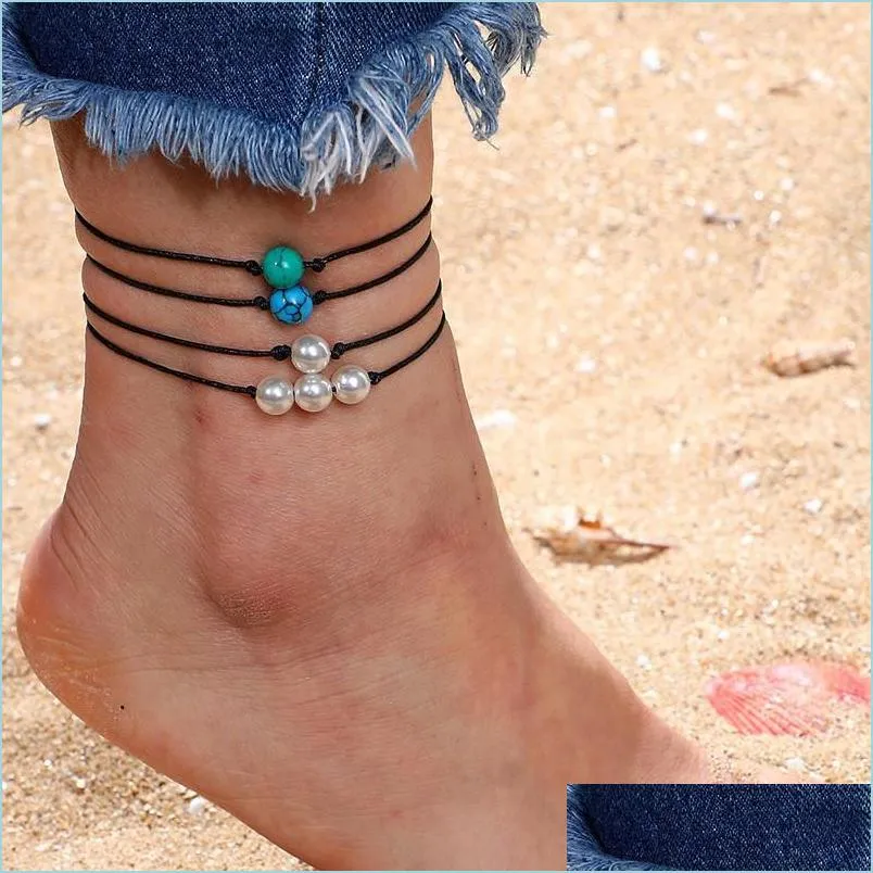 simple style blue green white turquoise ankle chain natural pearl anklet men women summer beach jewelry manual weave leather rope anklets gifts 2 25yx