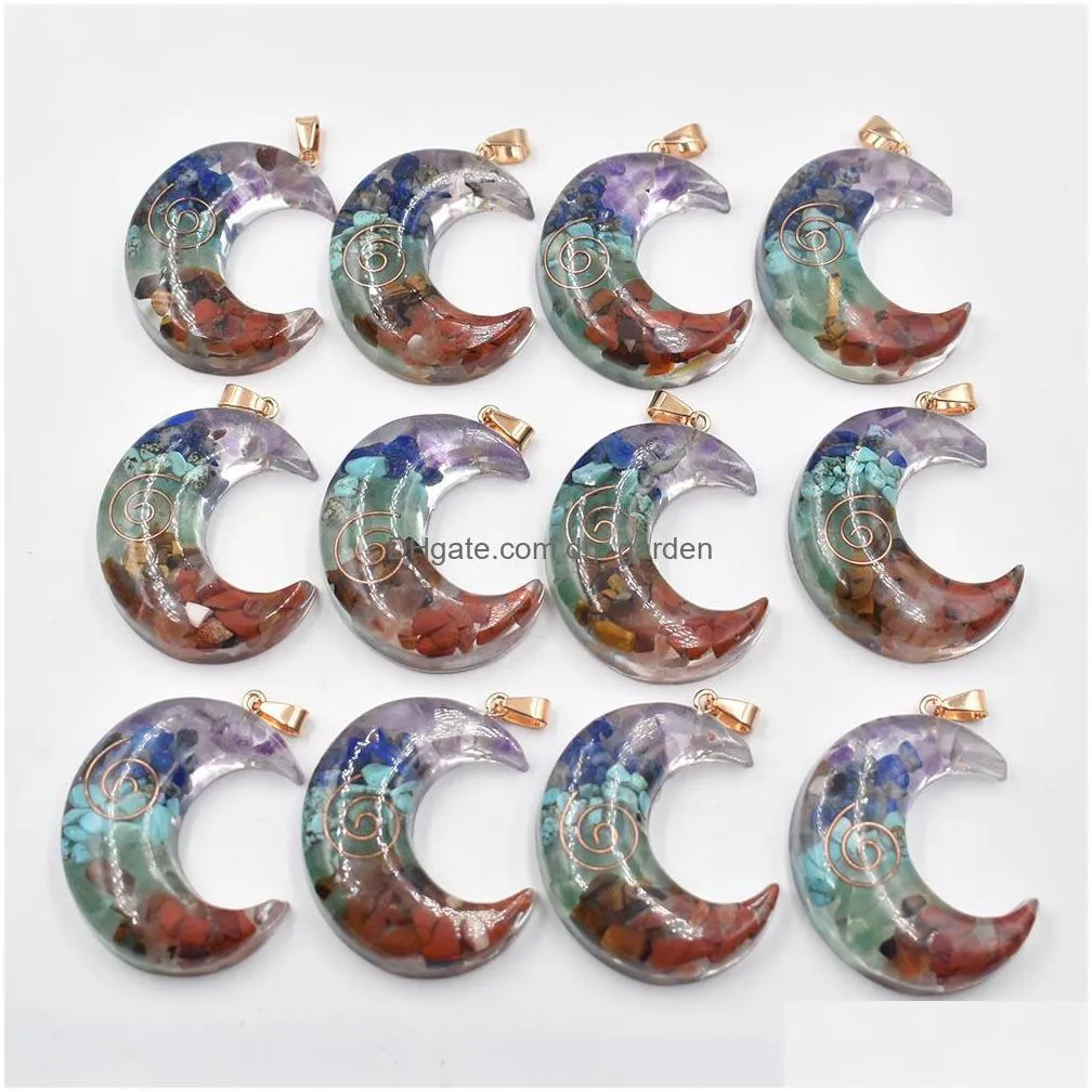 healing crescent moon seven chakra charms retro colorful natural amethysts lapis lazuli 7 colors stone pendants wholesale