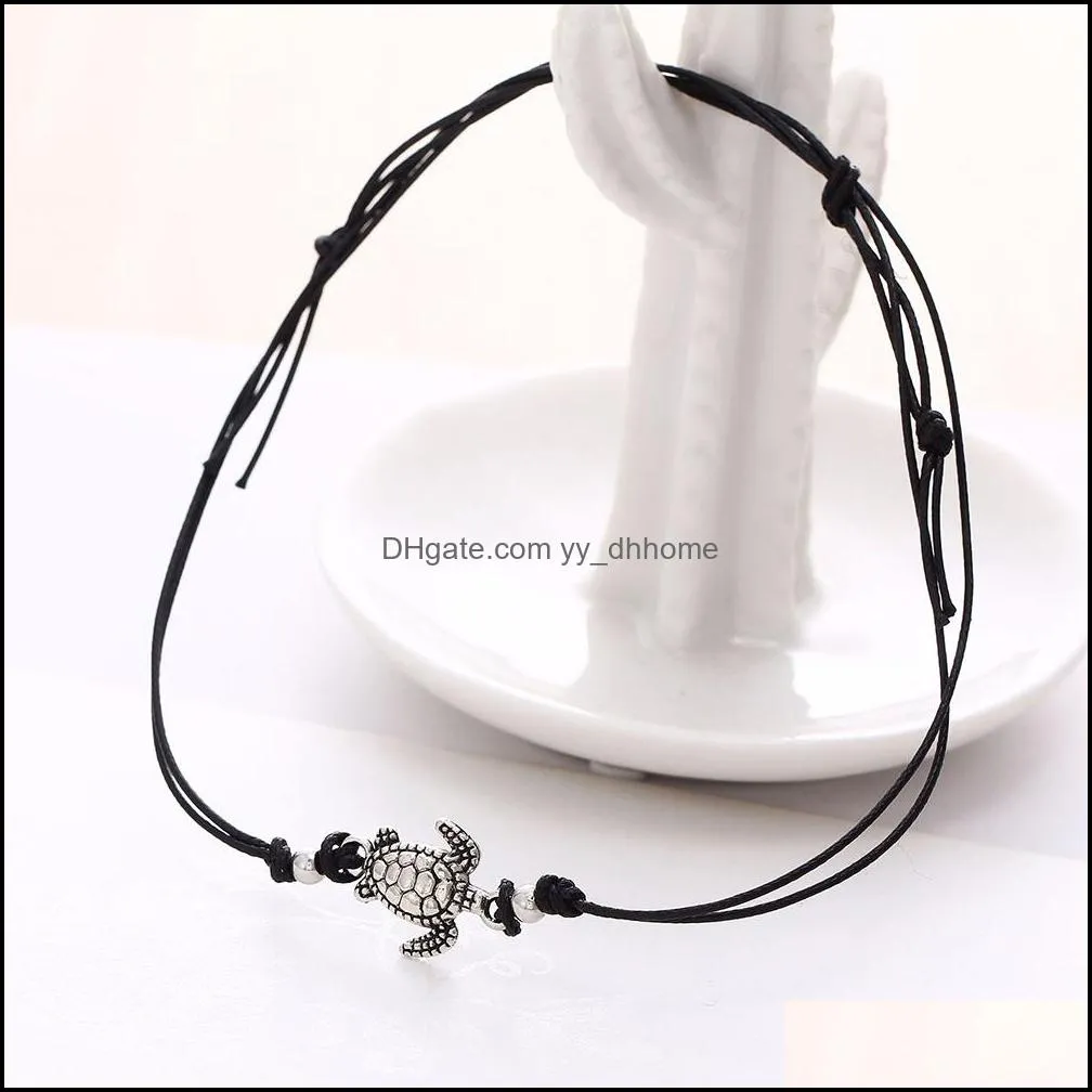  vintage sea turtle bracelet anklet white black blue 3 colors wax rope beach anklets for women bohemian jewelry wholesale