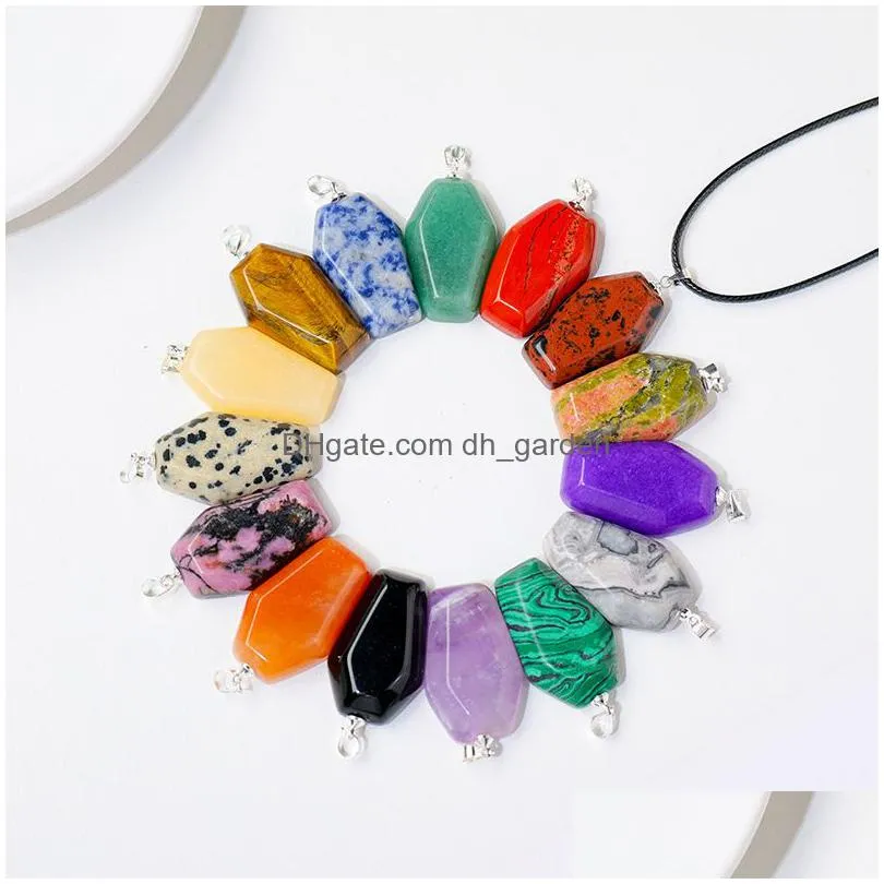 coffin shape fortune feng shui pendant natural stone quartz agates healing crystal tiger eye charms rope necklace jewelry