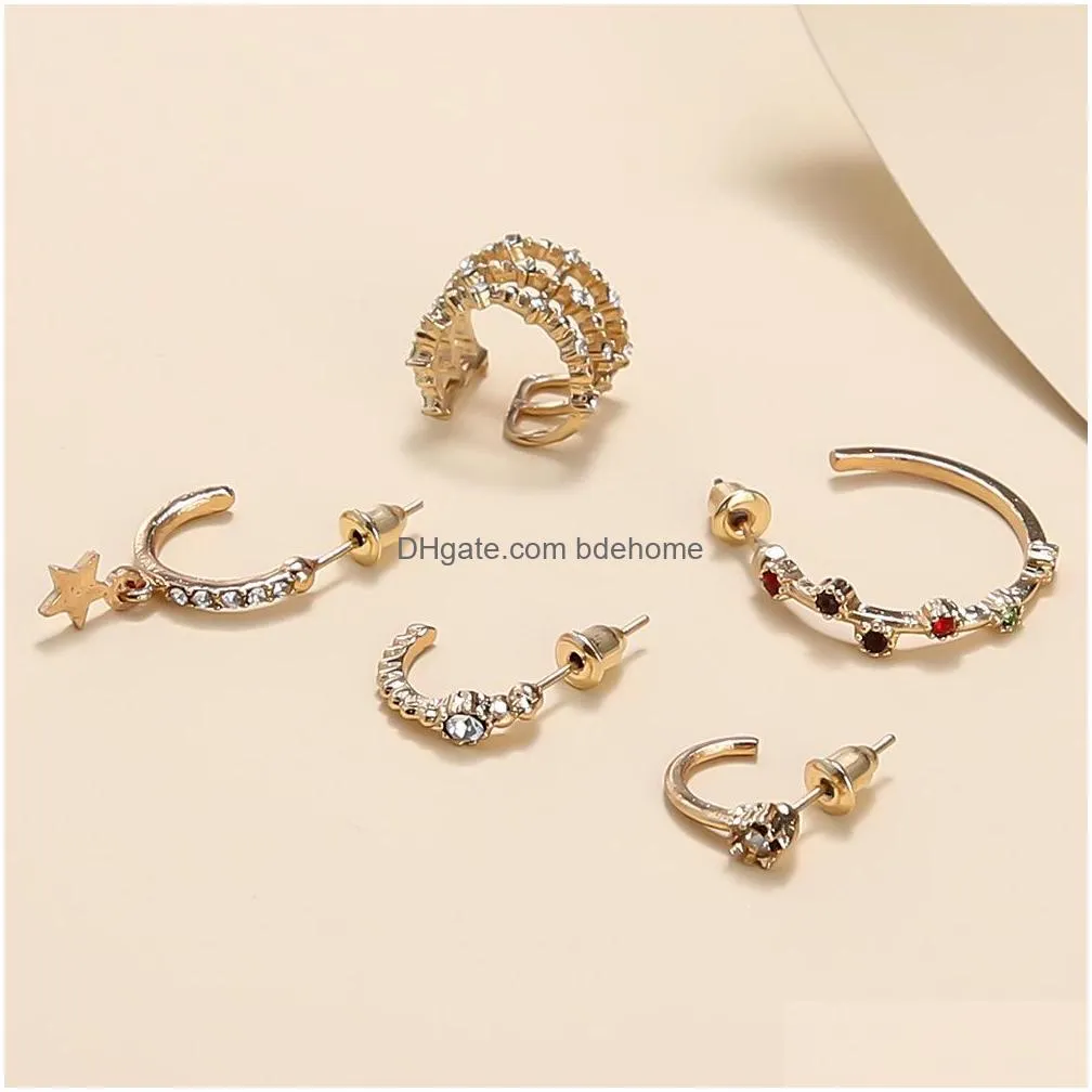 fashion jewelry irregular ear clip earhook star colorful rhinstone stud earrings set 5pcs/set