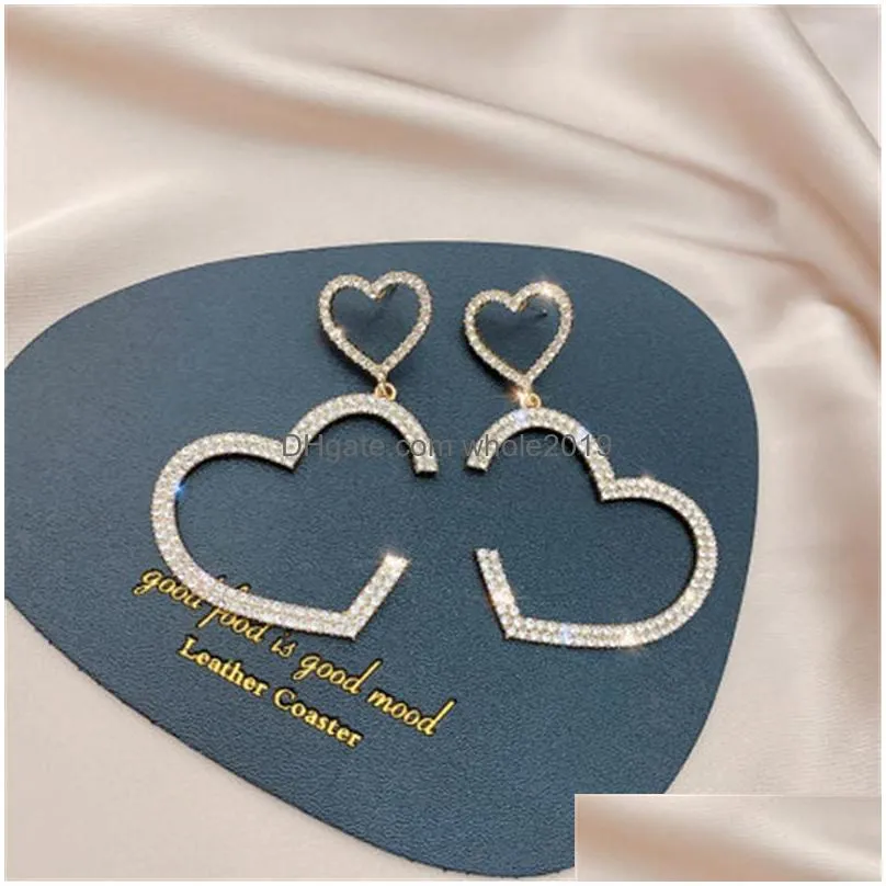 fashion jewelry s925 silver post diamond double love earring rhinstone heart earring