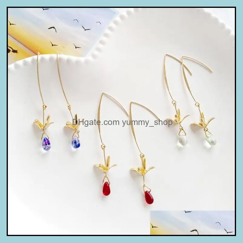 handmade crystal earrings little bird blue water drop long dangle earring with paper crane charm 2019 korean fashion wholesale