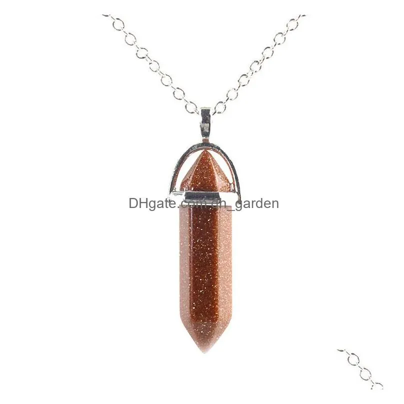 natural stone necklace chakra hexagonal opal amethyst rose quartz crystal reiki healing pendulum stainless steel chain necklaces for women