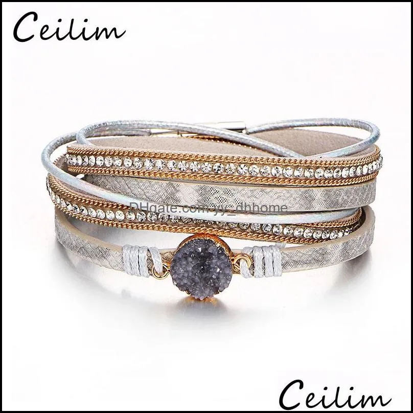 vintage crystal stone charm bracelets bangle for women men fashion female handmade multilayer leather wristband bracelet wholesale