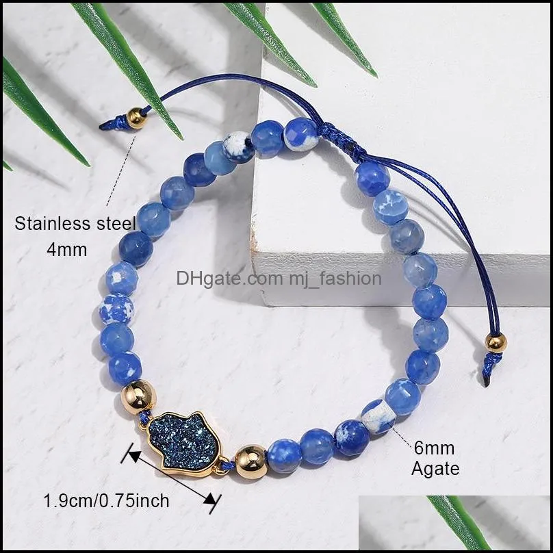 natural stone agate bead bracelet for women fashion resin druzy hamsa hand charm bracelets with card handmade woven rope chain jewelry