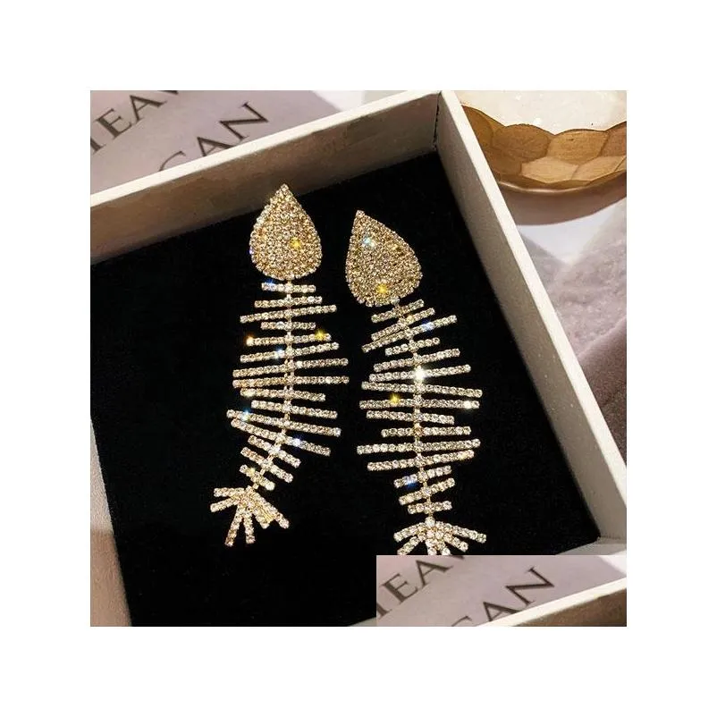 fashion jewelry s925 silver needle diamond fish bone earrings rhinstone exaggerated dangle stud earrings