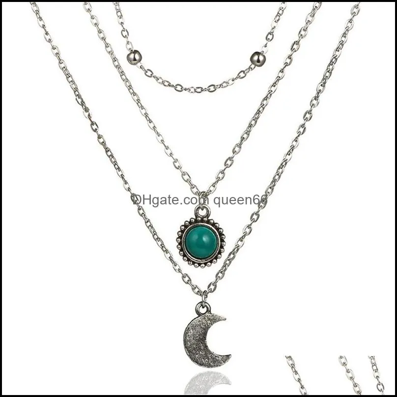 designed for crossborder jewelry loose stone moon three multilayer necklace retro sweater chain inlaid diamond