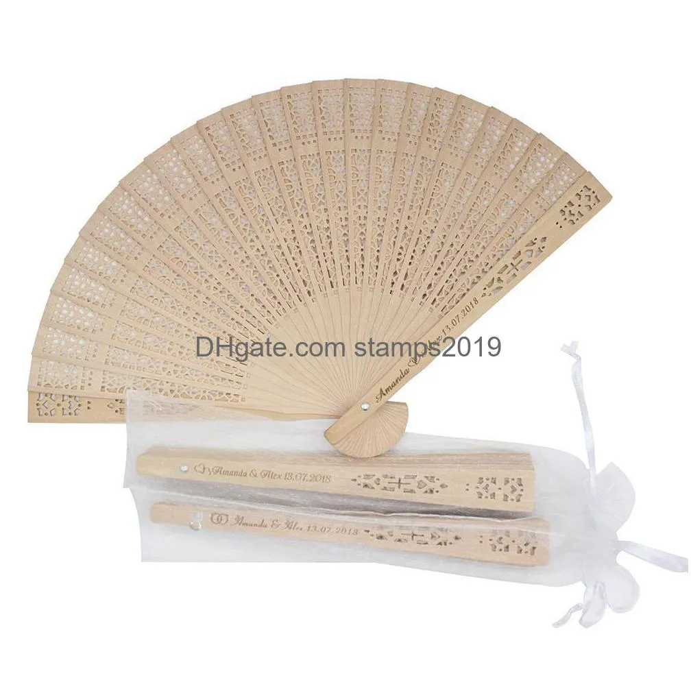 50pcs personalized engraved wood folding hand fan wooden fold fans customized wedding party gift decor favors organza bag