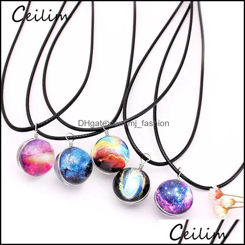 fashion dreamy starry nebula space galaxy universe necklace doublesided glass ball pendant black letter chain necklaces women girls