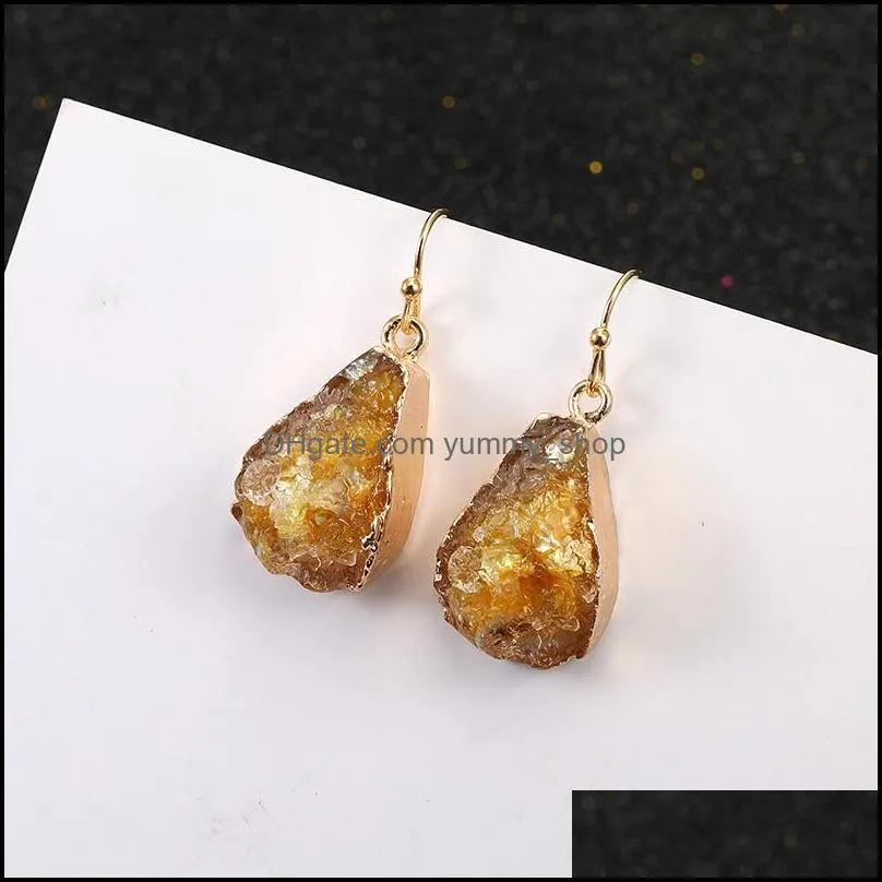  designer coloful handmade resin druzy natural stone dangle earrings for women gold plating waterdrop shape ear wedding jewelry