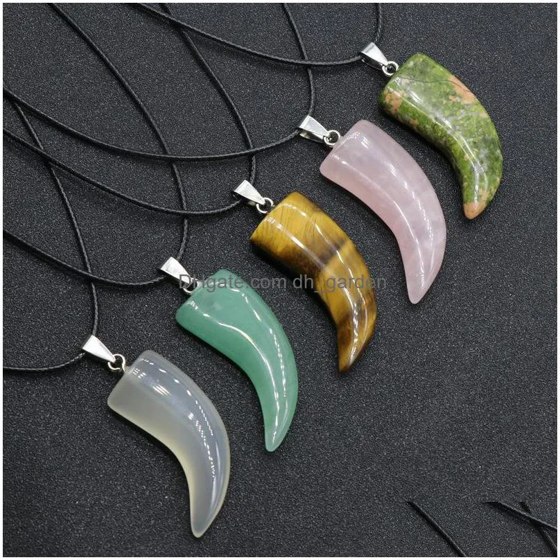 natural stone gem carved ox horn shape pendant rose quartz crystal jade onyx necklace healing guardian jewelry for men rope chain