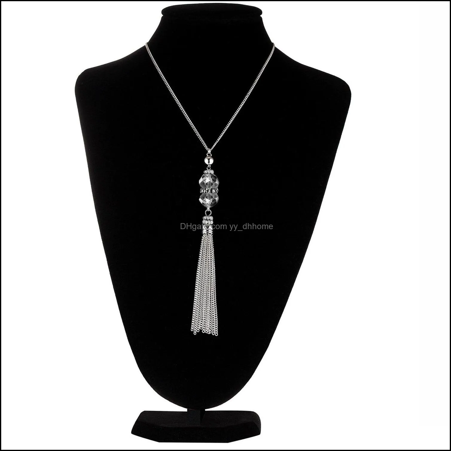  crystal bead sweater chain necklace for women fashion silver color tassel pendant long statement necklaces jewelry
