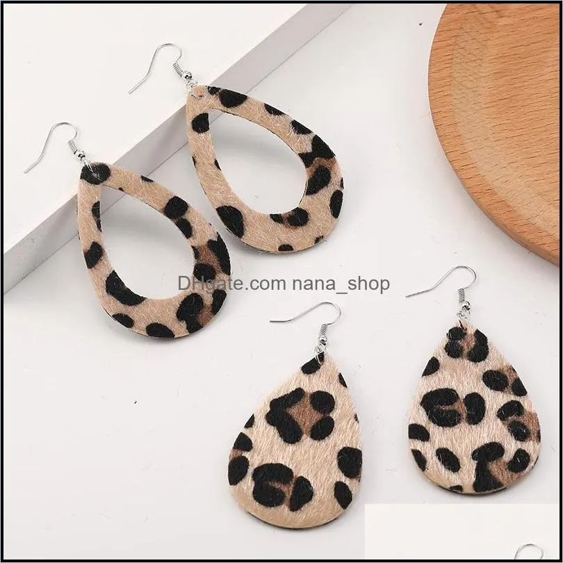 fashion leopard print leather earrings faux horse fur hollow out teardrop leather double side dangle earrings for women jewelry