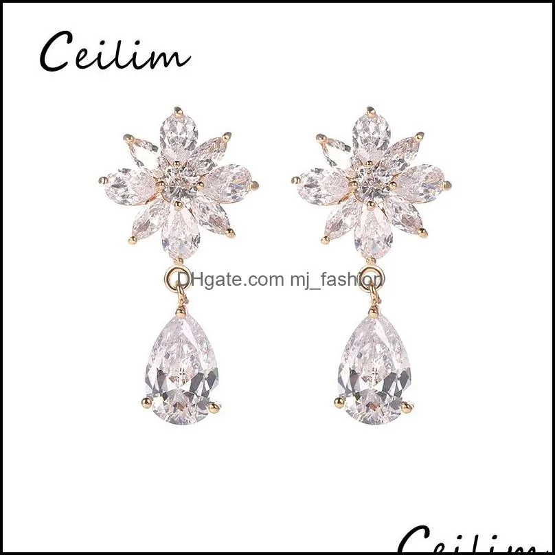 fashion designer cubic zirconia sun flower waterdrop dangle earrings for women bridal wedding chandelier ear earring party jewelry