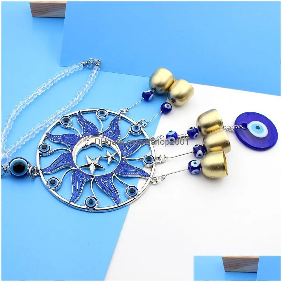 fashion jewelry round enamel evil eye sun moon turkish style bell car pendant blue eyes bronze bells pendants