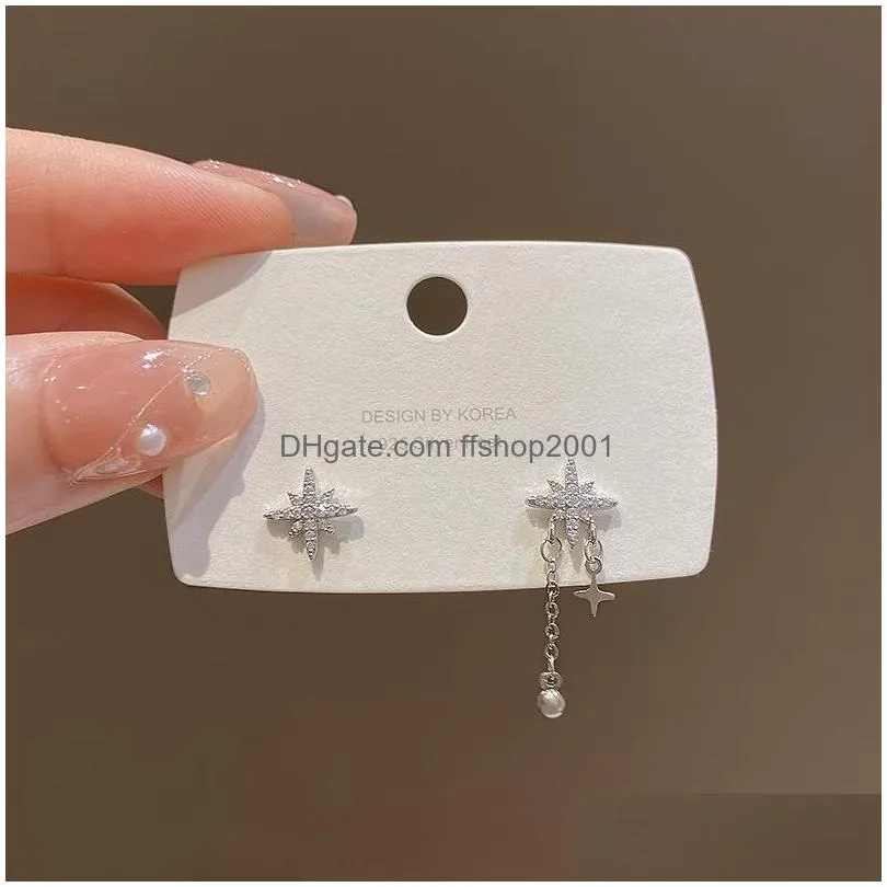 fashion jewelry s925 silver post earrings asymmetrical inlaid diamond star tassel stud earrings