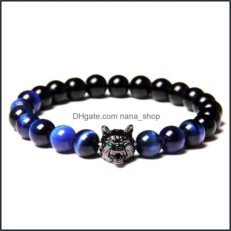handmade 8mm beaded bracelet strands men natural stone blue tiger eye beads bracelets black wolf head charm energy jewelry