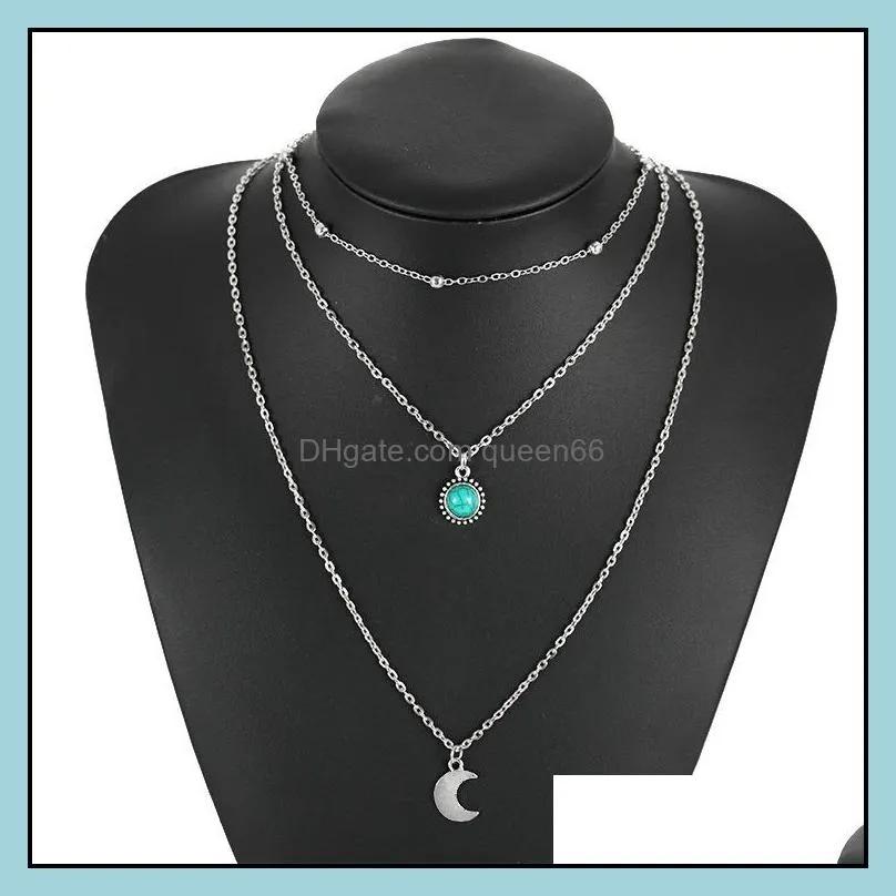 designed for crossborder jewelry loose stone moon three multilayer necklace retro sweater chain inlaid diamond