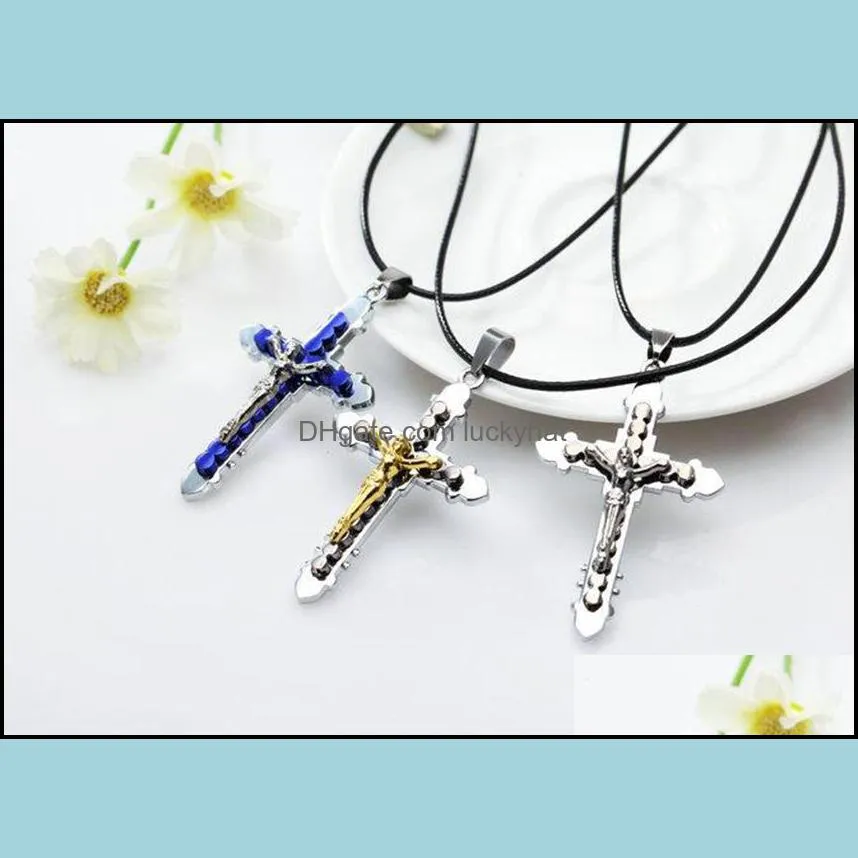 cross necklaces jesus christ crucifix with leather chain necklace luckyhat