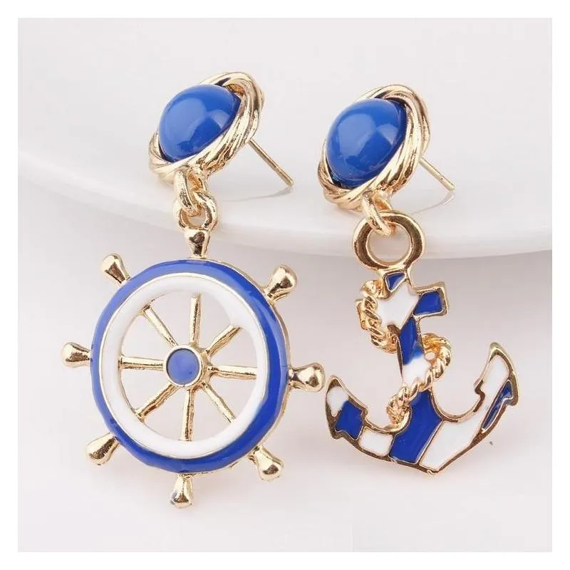 fashion jewelry womens blue sea anchor dangle stud earrings lady earrings