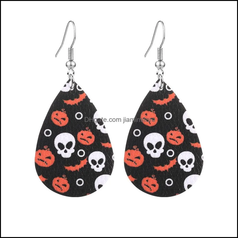  halloween leather earrings for women doublesided pattern pumpkin drop dangle earrings skeleton spider fashion party jewelry