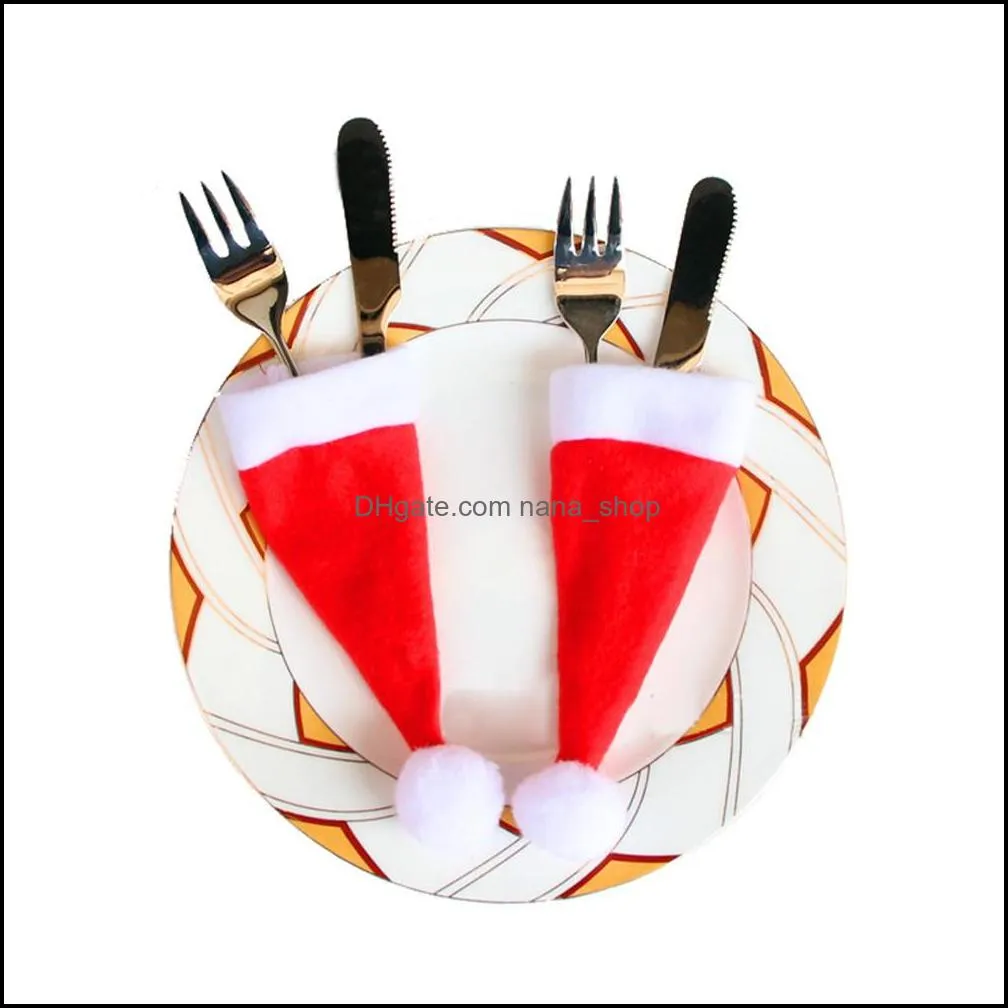 christmas decorative tableware knife fork set christmas hat 10pcs/lot christmas caps cutlery fork spoon holder packaging