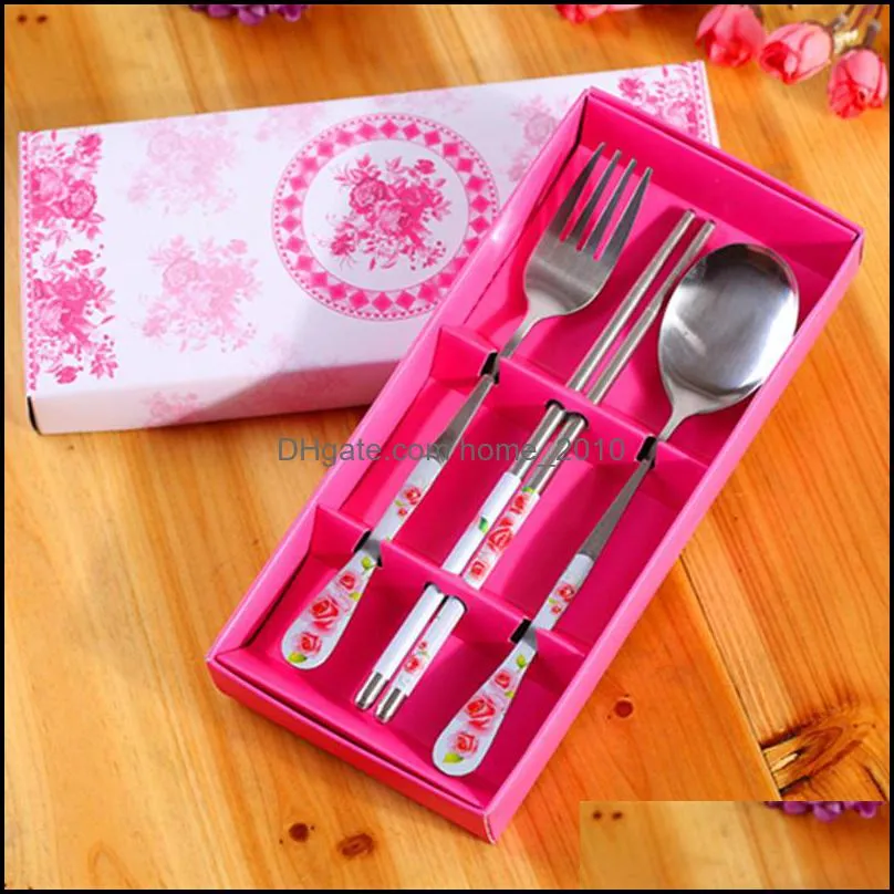 ecofriendly safety stainless steel tableware set chinese words promotional gift threepiece chopsticks spoon fork dinnerware sets